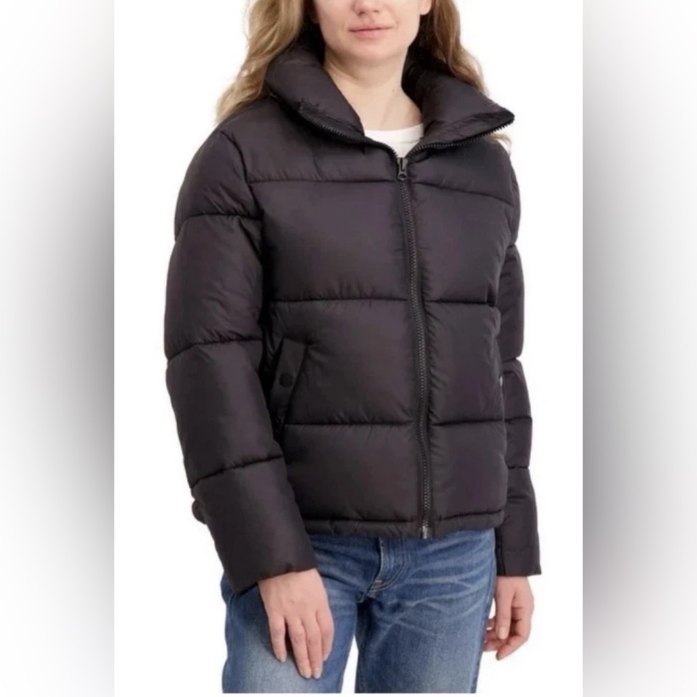 Hudson Women’s Short Puffer Jacket, Black, Size XL, Stand Up Collar Snap Pockets
